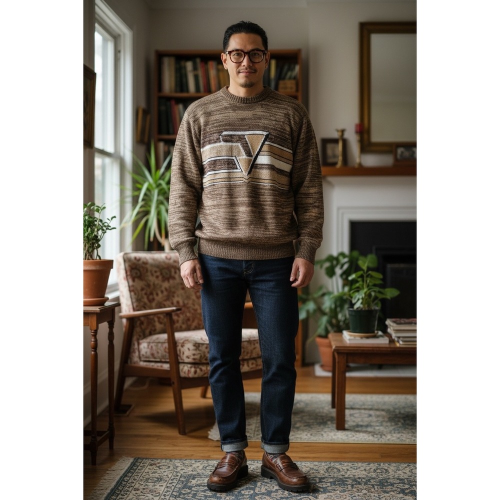 Alexxus Sweater Large Brown Vintage 80s Geometric Space Dye Knit Medium 90s